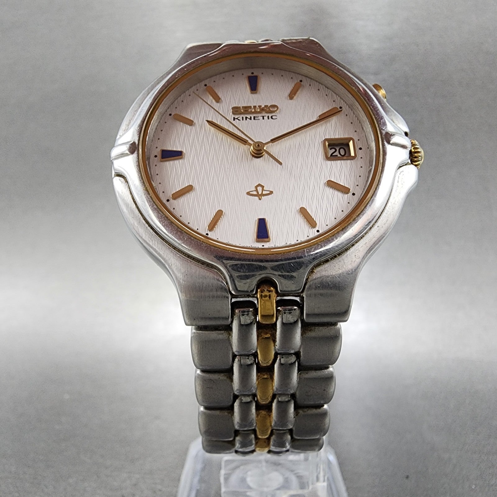 Seiko Kinetic Watch Men 37mm Silver Dial Two Tone Date 5m42-0A69 New Capacitor5