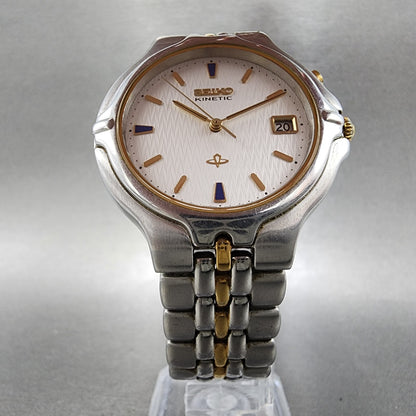 Seiko Kinetic Watch Men 37mm Silver Dial Two Tone Date 5m42-0A69 New Capacitor5
