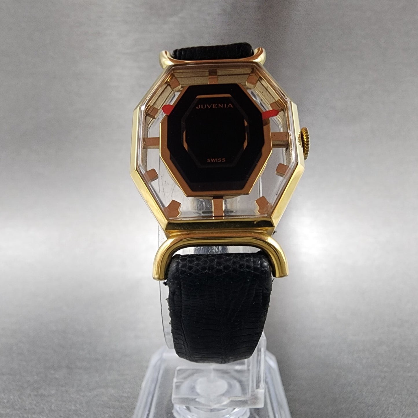 Juvenia Mystery Dial Watch Women 23mm Black Dial Gold Plated Octagon Manual Wind6