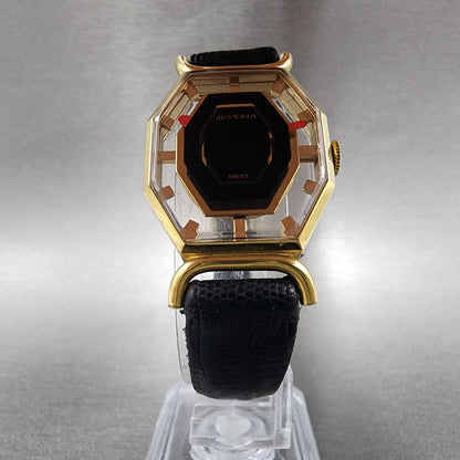 Juvenia Mystery Dial Watch Women 23mm Black Dial Gold Plated Octagon Manual Wind6