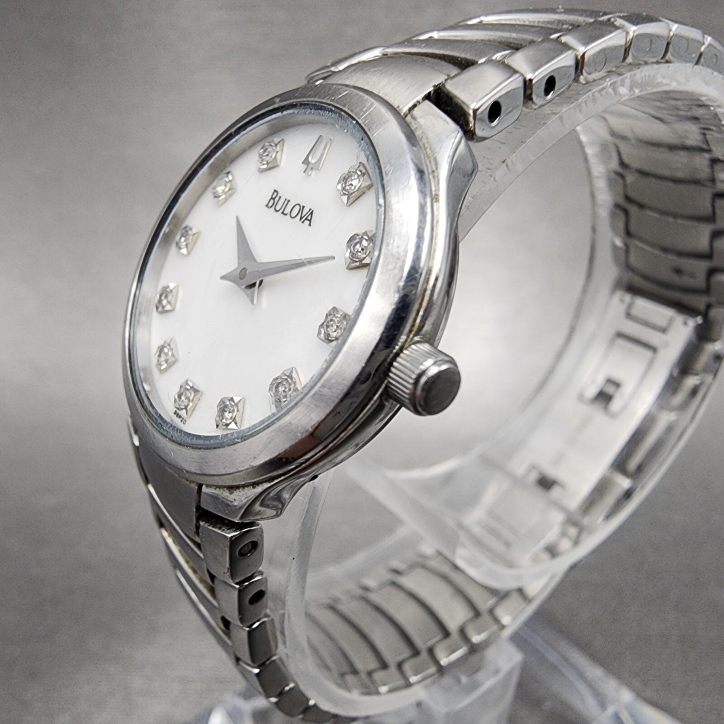 Bulova Watch Women 25mm MOP Dial Stainless Steel Diamond Accents new Battery