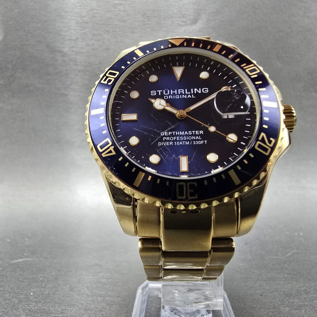 Stuhrling Depthmaster Dive Watch Men 43mm Blue Dial Gold Dial Date Round NewBatt5