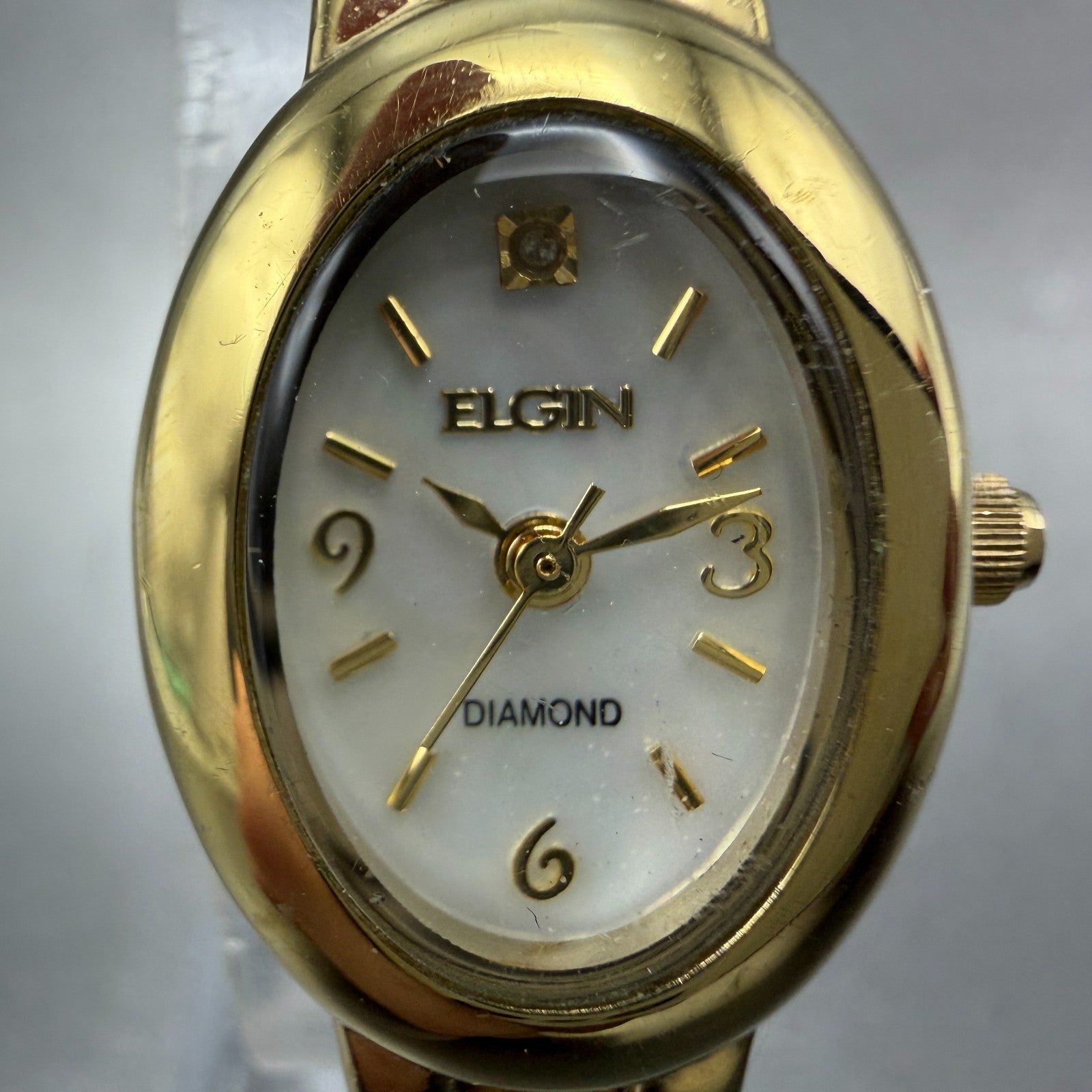 Elgin Watch Women 18mm MOP Dial Gold Tone Oval EG8074 Diamond New Battery1
