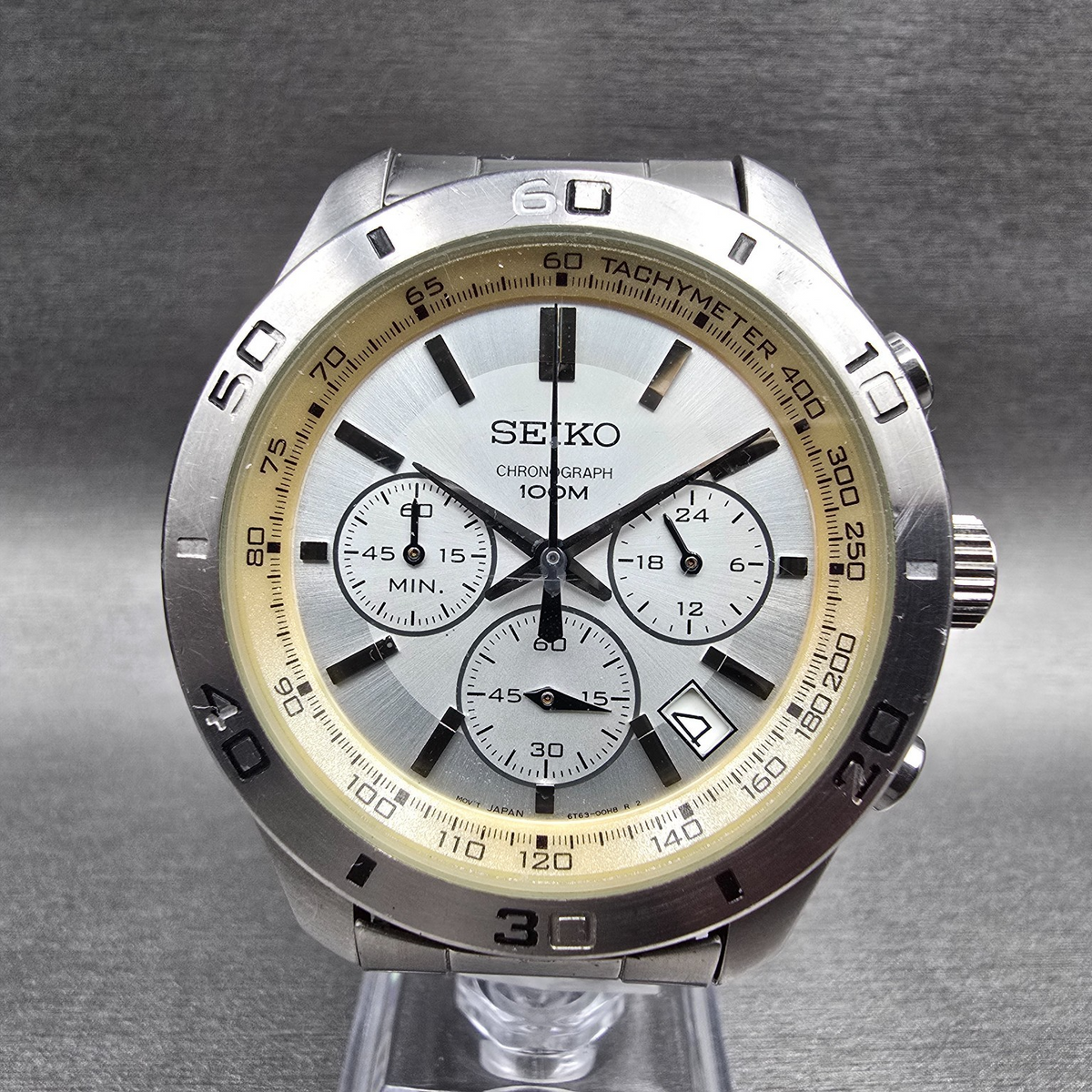 Seiko Chronograph Watch Men 43mm Silver Dial Silver Date 6T63-00E0 New Batt0