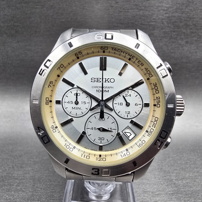 Seiko Chronograph Watch Men 43mm Silver Dial Silver Date 6T63-00E0 New Batt0