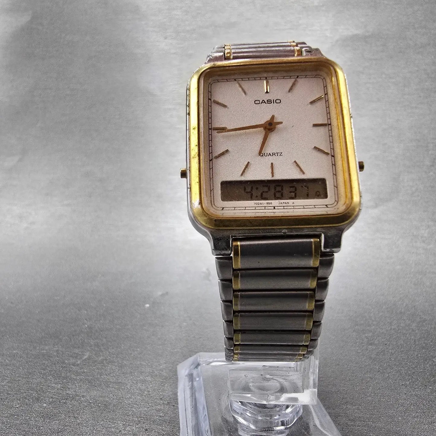 Casio AQ-703 Watch Men 27mm White Dial Two Tone Alarm Rectangle New Battery VTG5