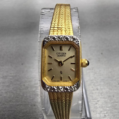 Citizen CQ Watch Women 12mm Gold Dial Gold Tone Gemmed Rectangle 2250 New Batt0