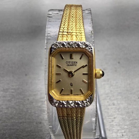 Citizen CQ Watch Women 12mm Gold Dial Gold Tone Gemmed Rectangle 2250 New Batt0