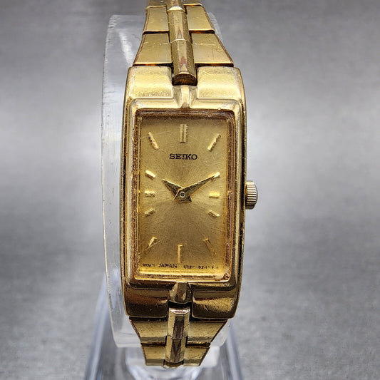Seiko Watch Women 13mm Gold Dial Gold Tone Rectangle 2E200AY0 New Battery0