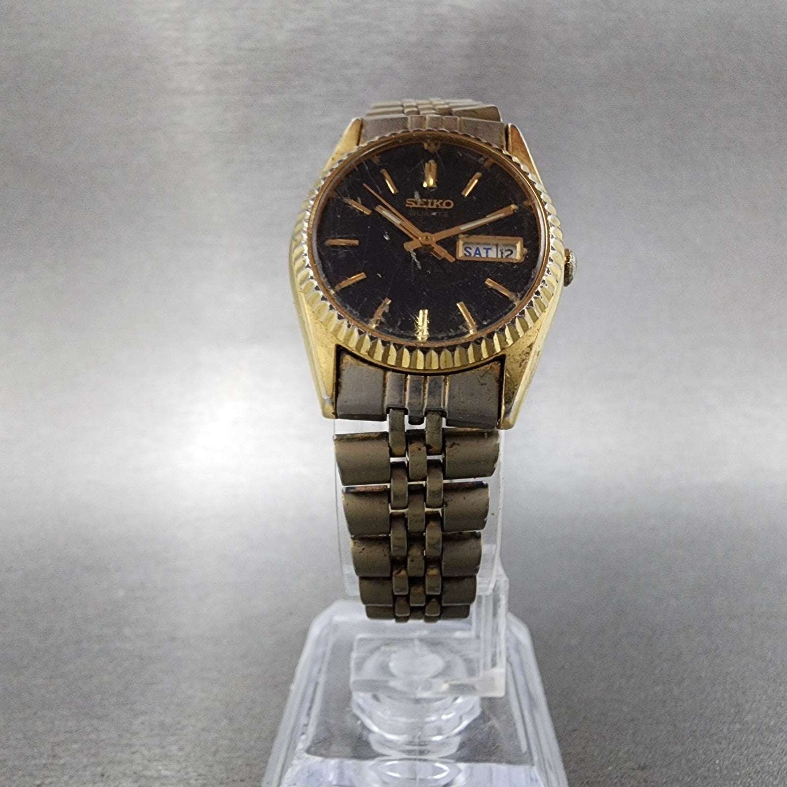 Seiko Watch Women 24mm Black Tone Gold Tone Daydate Round 7n830049 New Battery5