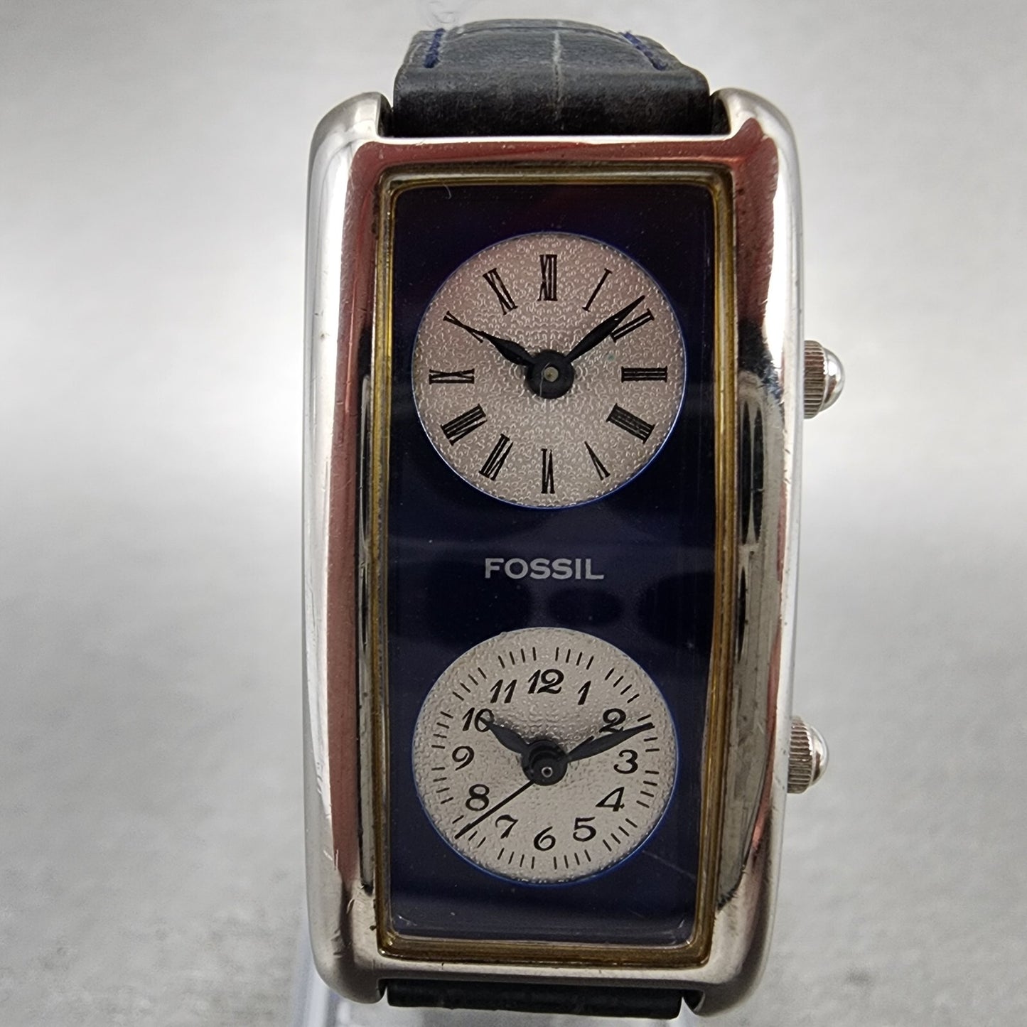 Fossil Dual Time Watch Women 21mm Blue Dial Steel Rectangle READ!!!! DR21051