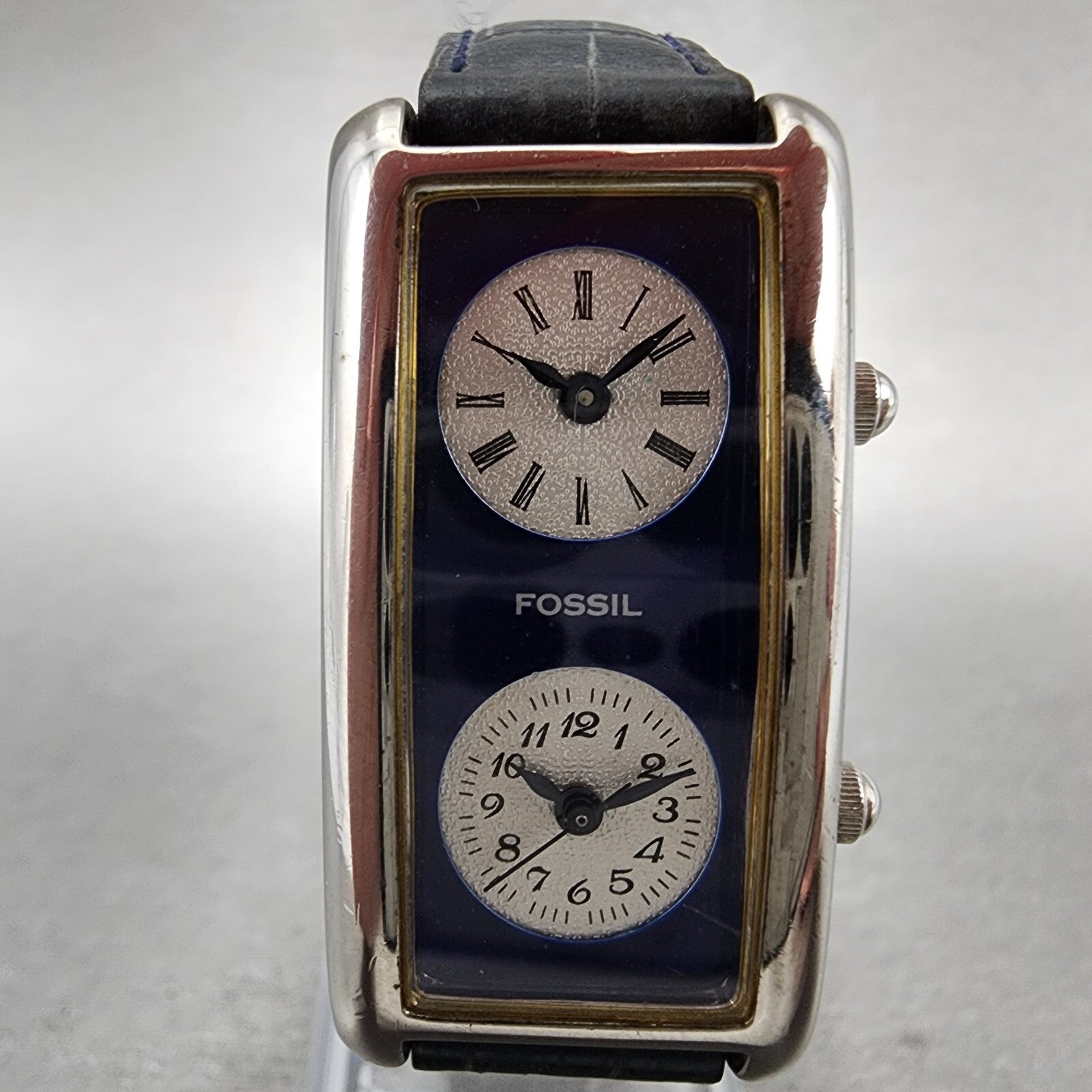 Fossil Dual Time Watch Women 21mm Blue Dial Steel Rectangle READ!!!! DR21051