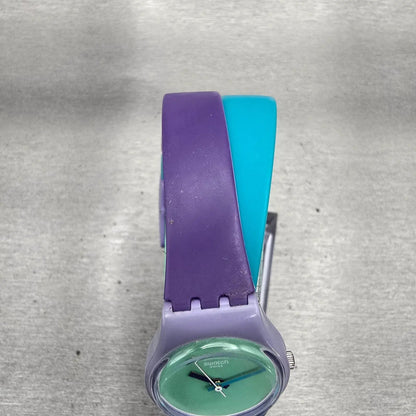 Swatch Fun In Blue Watch Women Green Dial Purple Case Round LV117 New Battery4