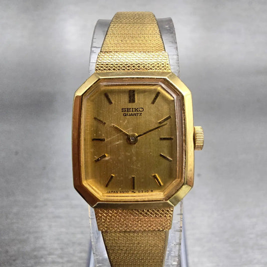 Seiko Watch Women 17mm Gold Dial Gold Tone Octagon 4N00-5139 New Battery VTG0