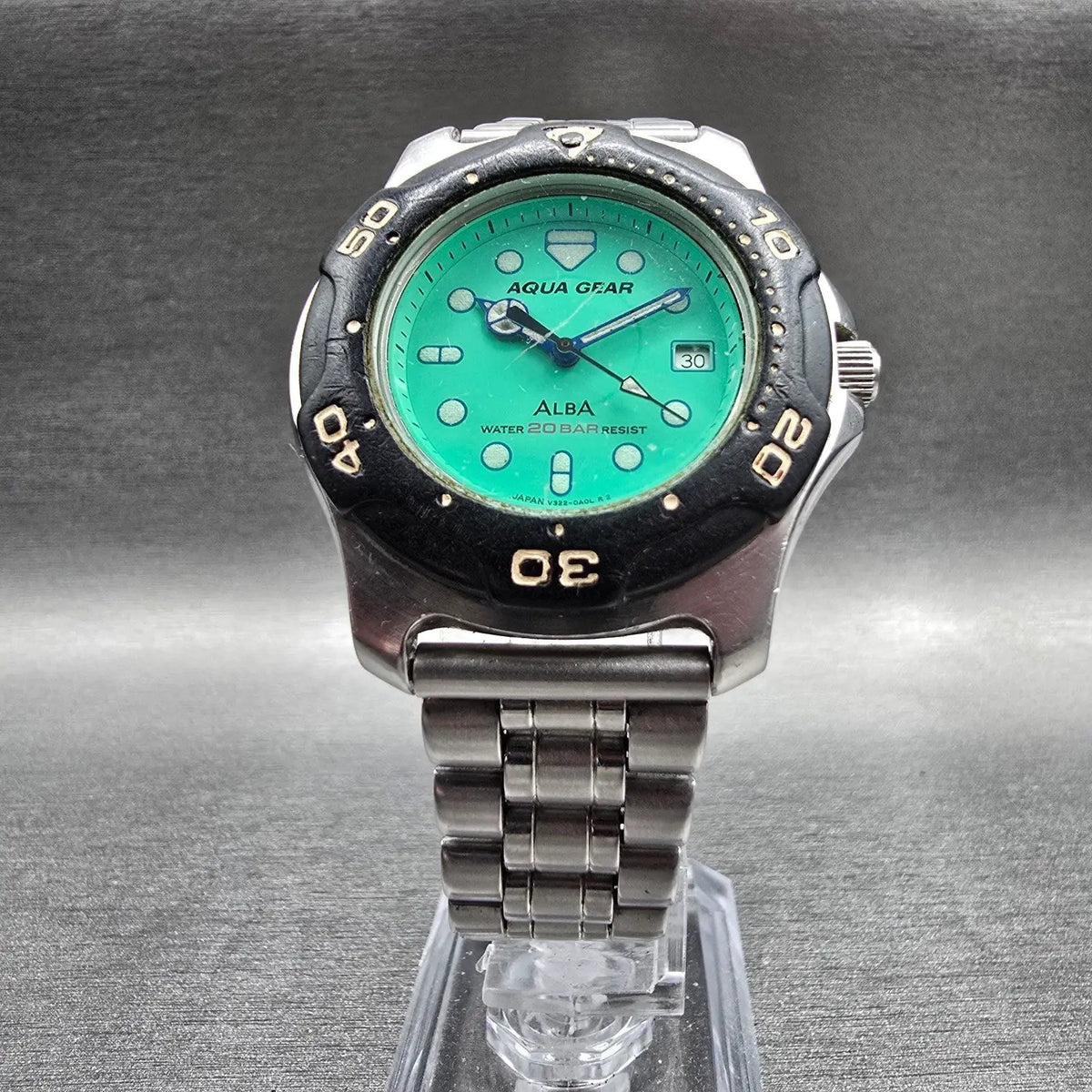 Alba Aqua Gear Dive Watch Men 36mm Green Dial Two Tone Date V322-0A00 New Batt5