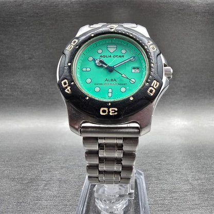 Alba Aqua Gear Dive Watch Men 36mm Green Dial Two Tone Date V322-0A00 New Batt5