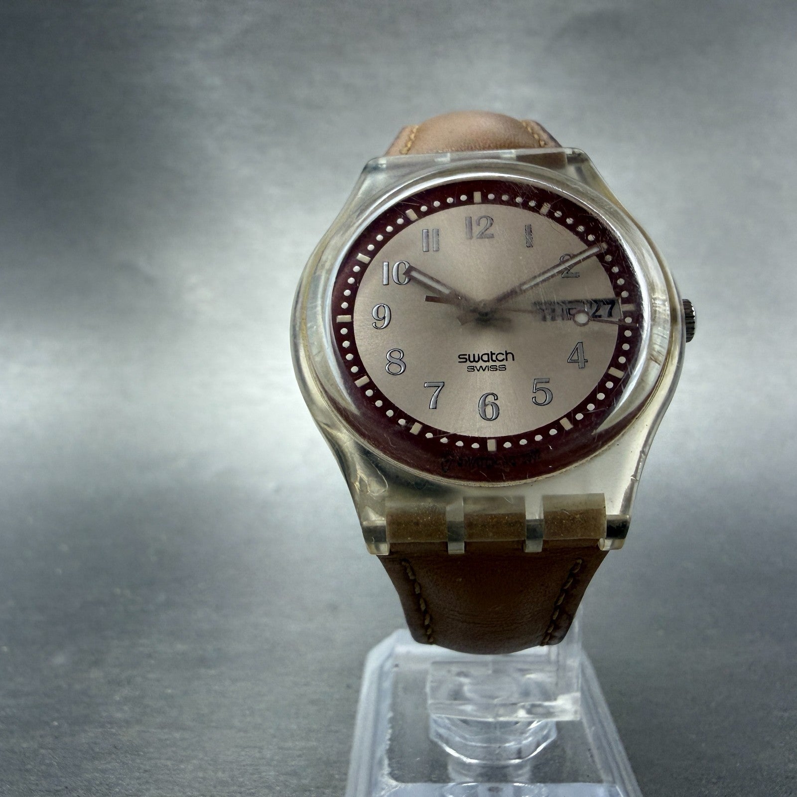Swatch Croissant Chaud Watch Men 34mm Brown Dial Clear Case Daydate Round Works5