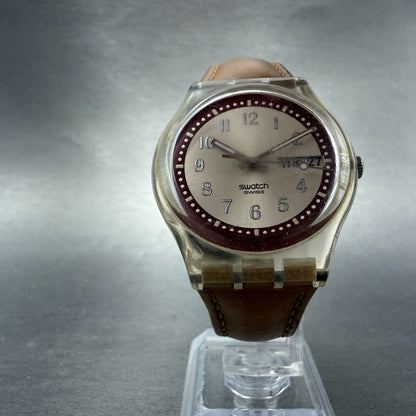 Swatch Croissant Chaud Watch Men 34mm Brown Dial Clear Case Daydate Round Works5
