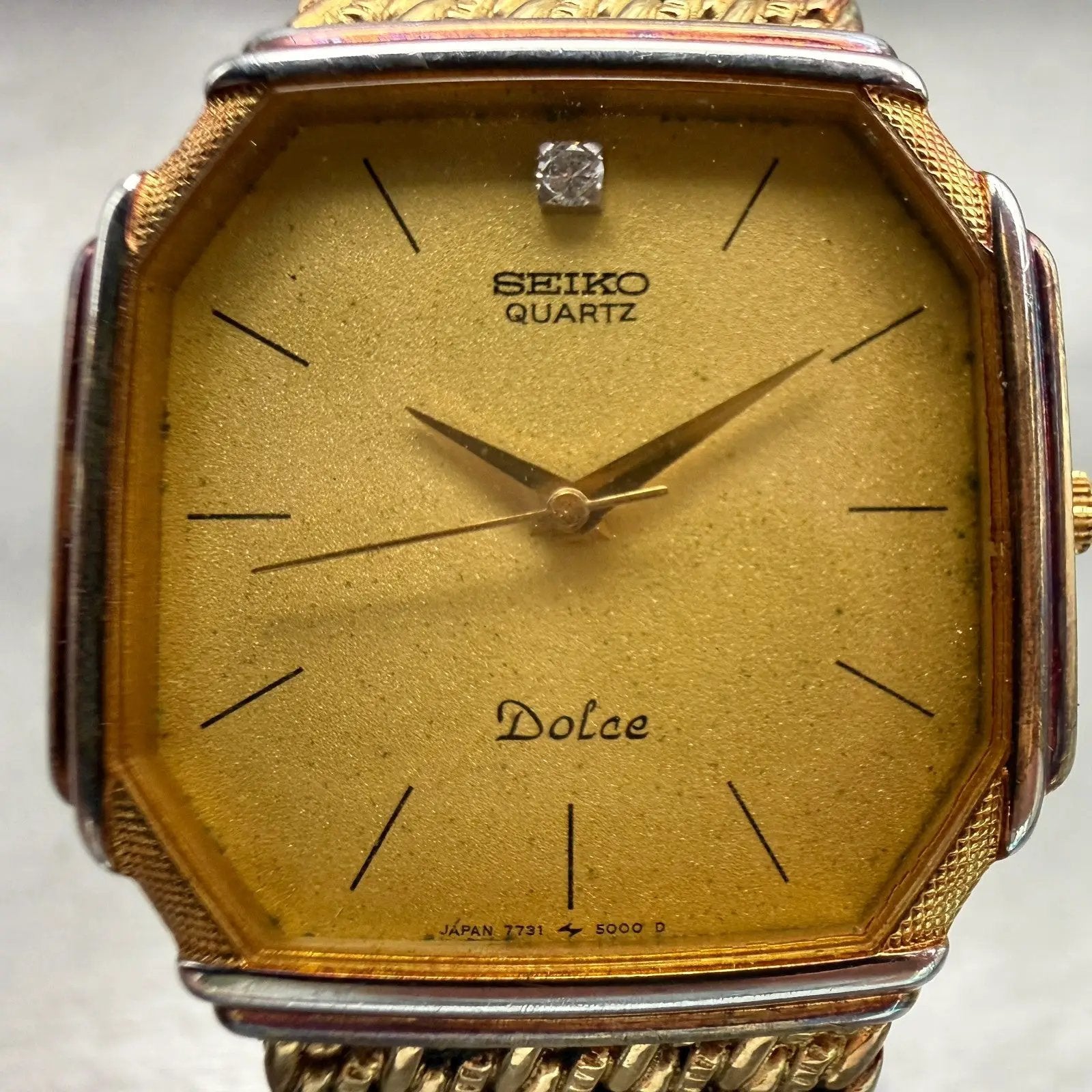 Seiko Dolce Watch Men 29mm Gold Dial Gold Tone Octagon 7731-5000 New Battery1