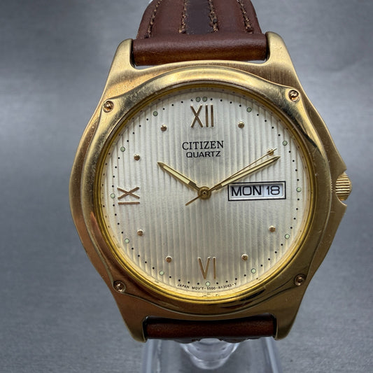 Citizen Watch Men 37mm Champagne Dial Gold Tone Daydate Round New Battery NBT0