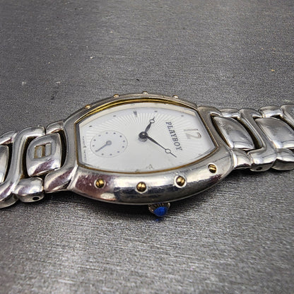 Playboy Watch Unisex 29mm White Dial Silver Tone Oval New battery MISSING CLASP3