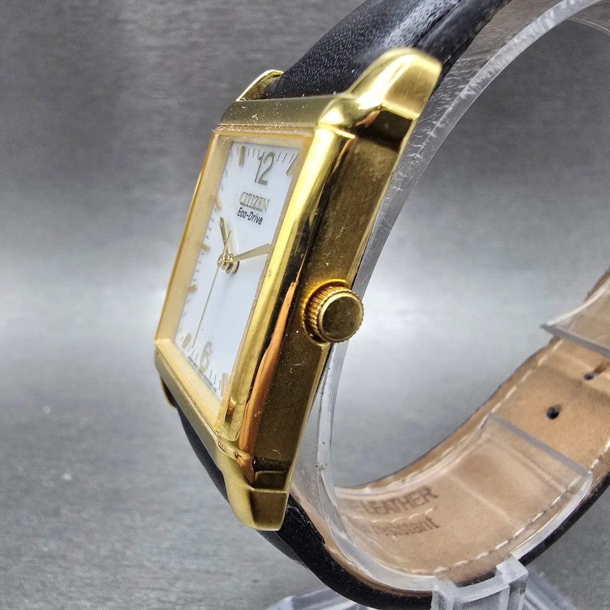 Citizen Eco-Drive Tank Watch Men 25mm White Dial Gold Rectangle Date Runs Jp2