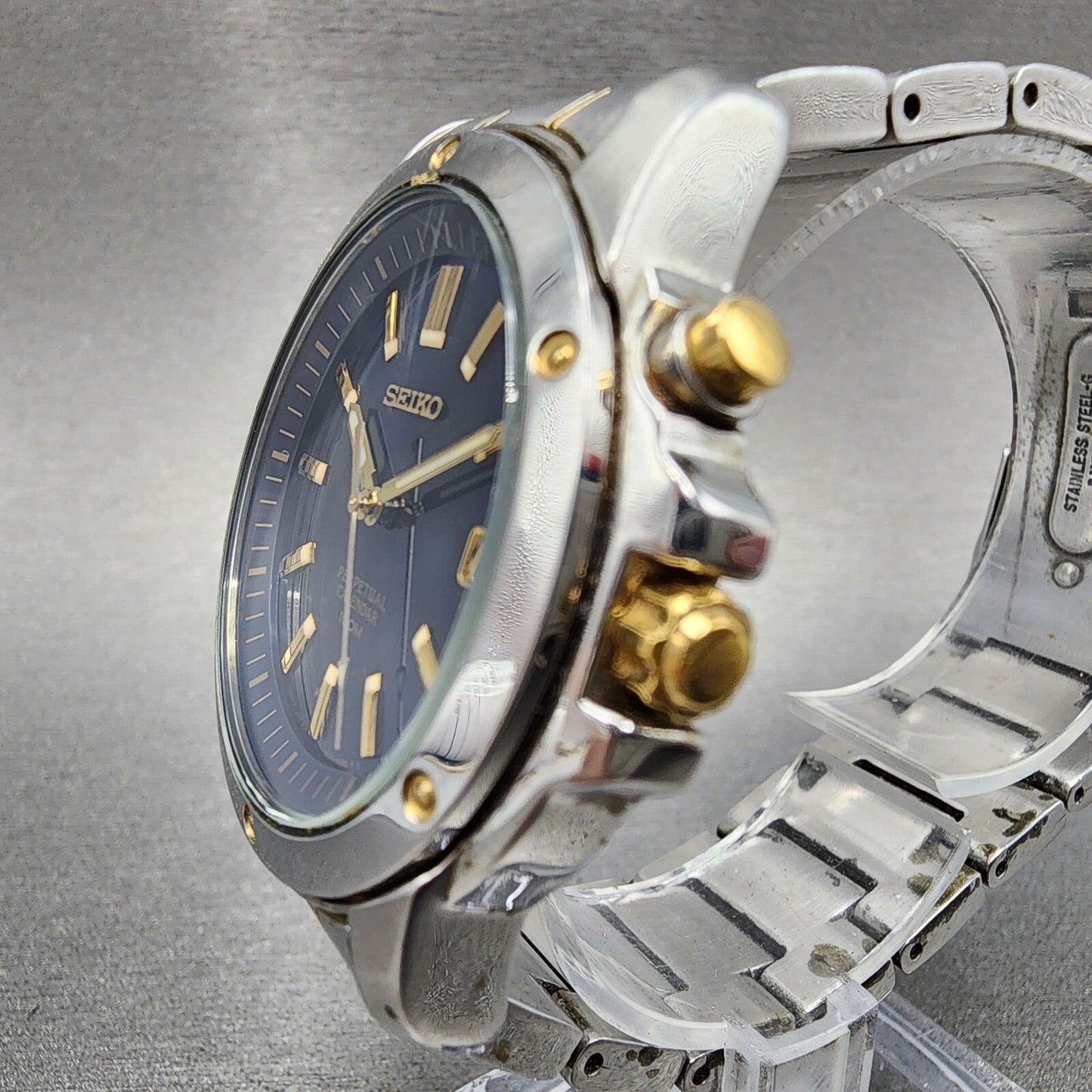 Seiko Perpetual Calendar Watch Men 39mm Blue Dial two Tone Date 6a3200b0 NewBat2