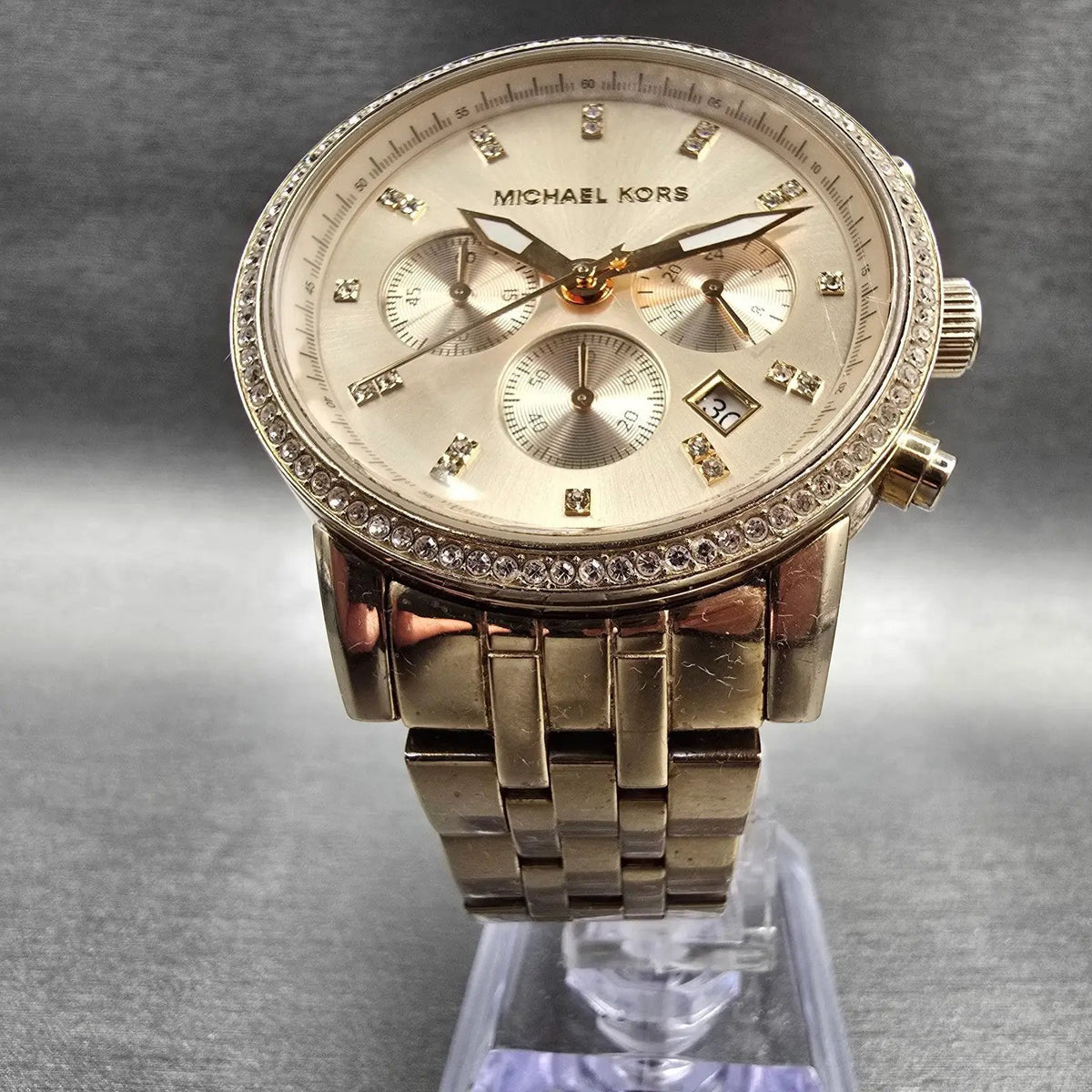 Michael Kors Chronograph Watch Women 41mm Gold Dial Gold Tone Date MK6342 NewBat5