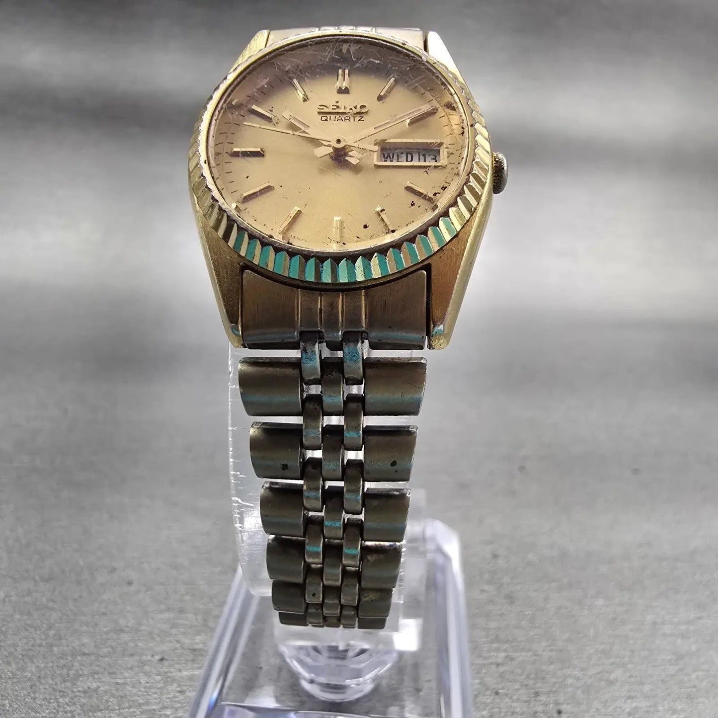 Seiko Watch Women 24mm Gold Dial Gold Tone Daydate Round 7N83-0049 New Battery5