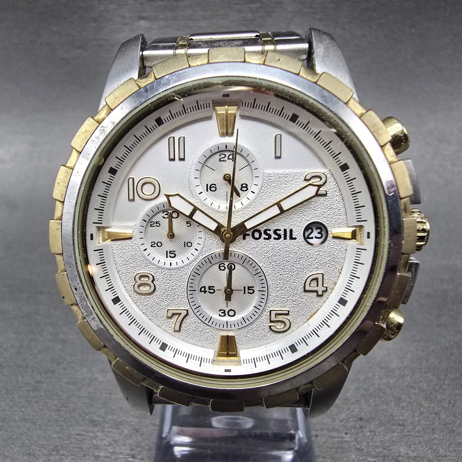 Fossil Dean Chronograph Watch Men 45mm Silver Dial Two Tone Date FS4795 New Bat0