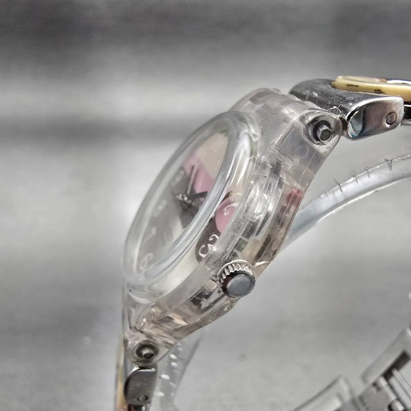 Swatch METALLIC DUNE Watch Women Brown Dial Clear Case Round LK258G New Battery3