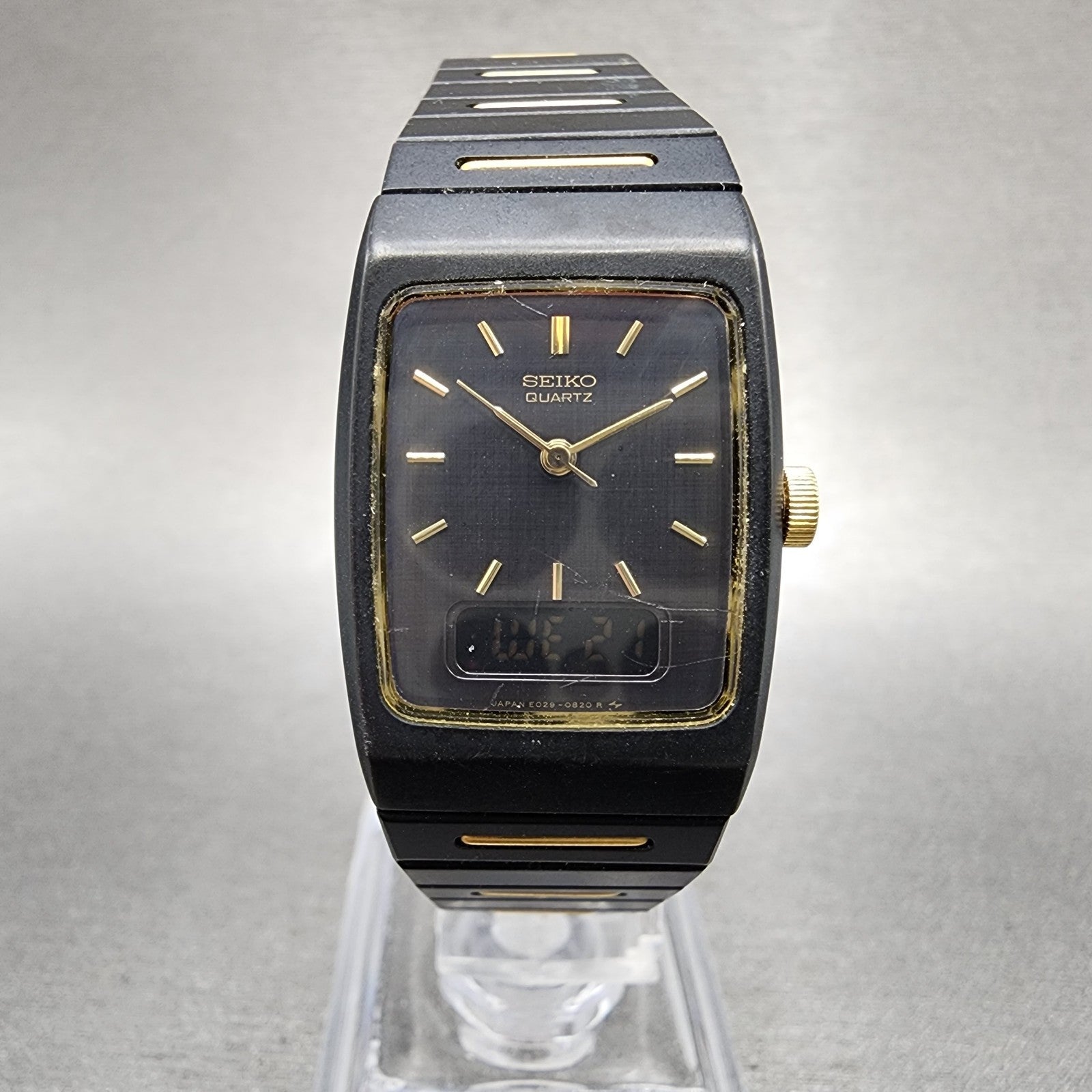 Seiko Watch Women 22mm Analgo Digital Black Tone Rectangle E0295619 New Battery0