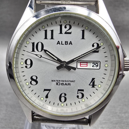 Seiko Alba Watch Men 34mm Silver Dial Silver Daydate 7N33-K002 New Battery Jp231