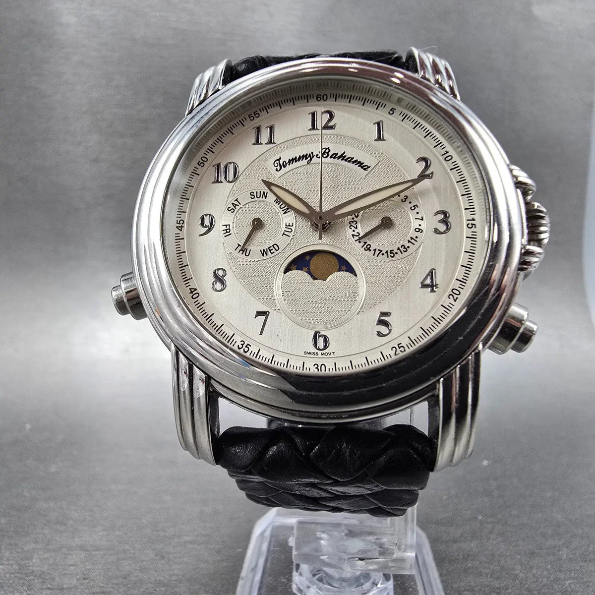 Tommy Bahama Bimini Tide Watch Men 42mm White Dial Steel Daydate TB1066 New Batt5