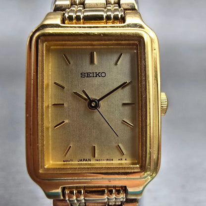 Seiko Watch Women 17mm Gold Dial Gold Tone Rectangle 1N01-5E70 New Battery VTG1