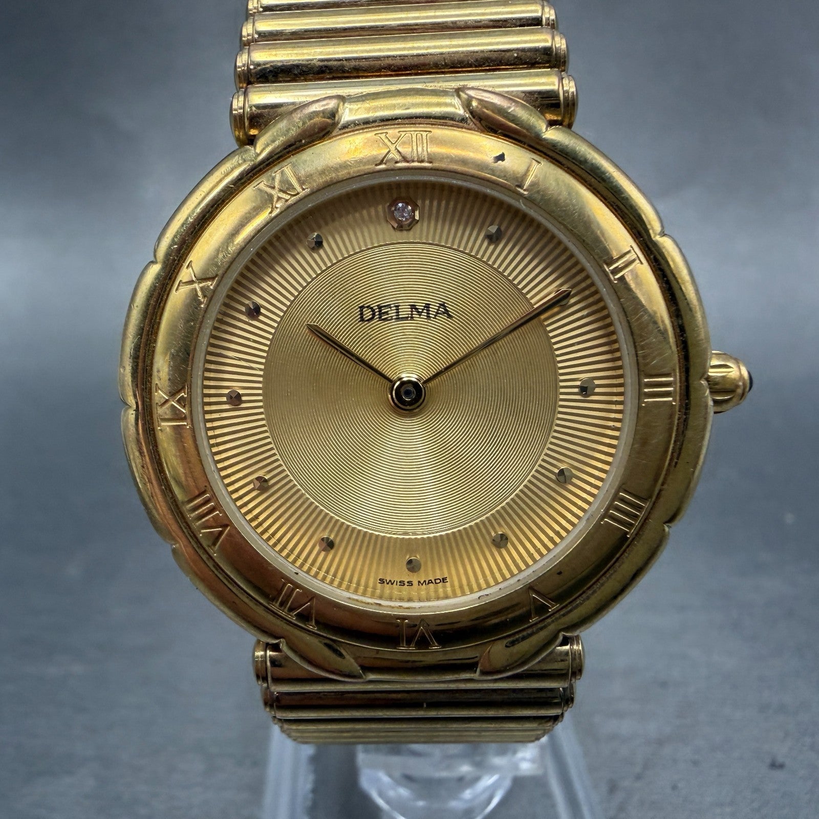 Delma Watch Men 34mm Gold Dial Gold Tone Round Bracelet Swiss New Battery0