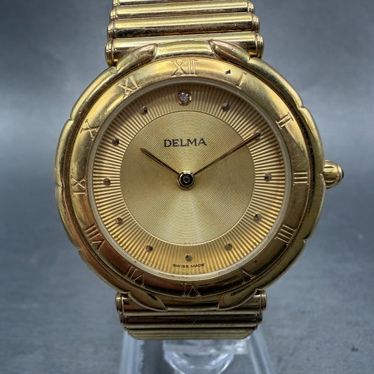 Delma Watch Men 34mm Gold Dial Gold Tone Round Bracelet Swiss New Battery0