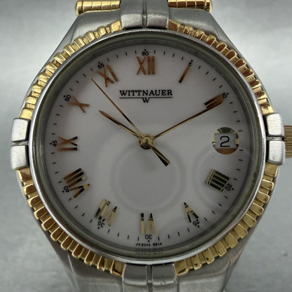 Wittnauer Watch Men 35mm White Dial Two Tone Date Round JV8245 9514 New Battery1