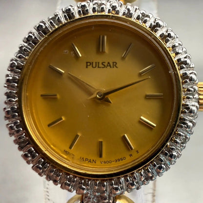Seiko Pulsar Watch Women 20mm Gold Dial Gold Tone Gemmed V400L782A New Battery1