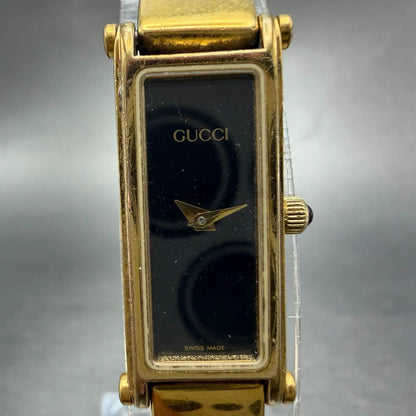 Gucci 1500L Tank Watch Women 12mm Black Dial Gold Rectangle Bangle New batteryKL1