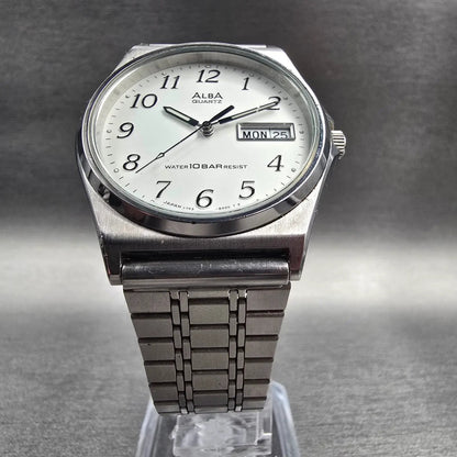Seiko Alba Watch Men 34mm Silver Dial Silver Tone Daydate V743-8A10 New BatteryX5