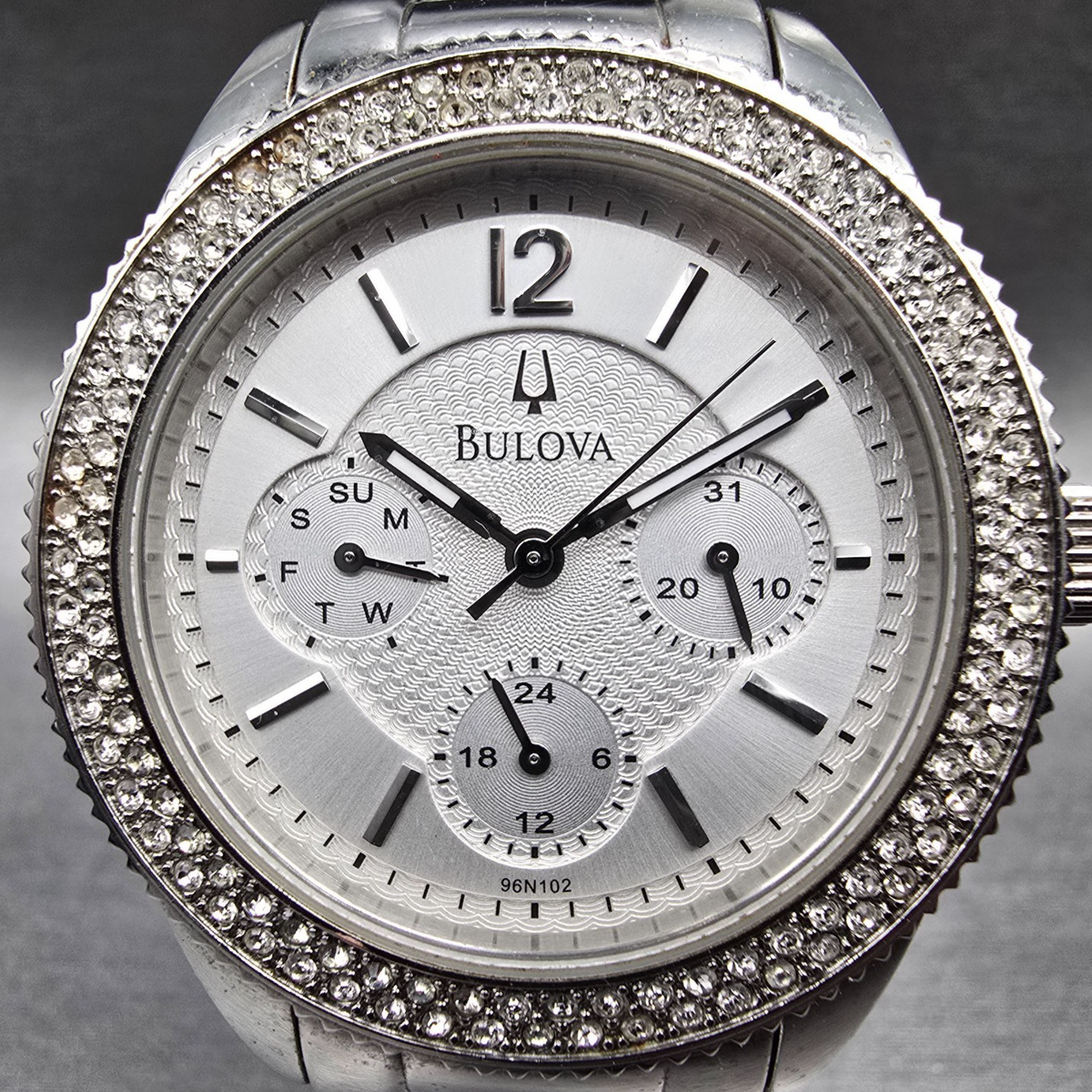 Bulova Watch Women 38mm Silver Dial Silver Tone Daydate Crystals 96N102 New Batt1