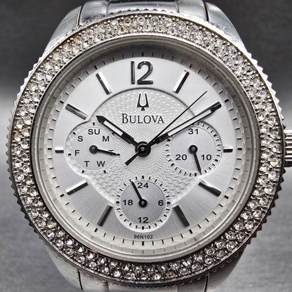 Bulova Watch Women 38mm Silver Dial Silver Tone Daydate Crystals 96N102 New Batt1