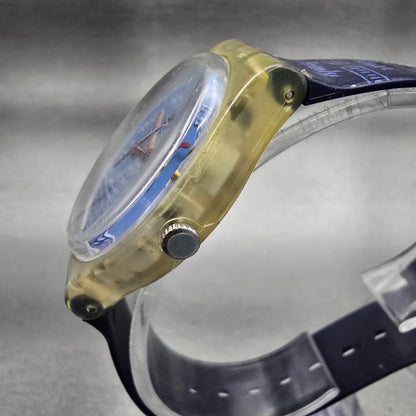 Swatch TITI PARISIEN Watch Unisex 34mm Blue Dial Clear Case GK276 New Battery2