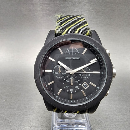 Armani Exchange black chronograph watch with striped fabric strap and date display