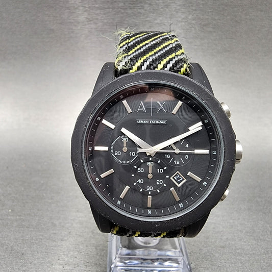 Armani Exchange black chronograph watch with striped fabric strap and date display