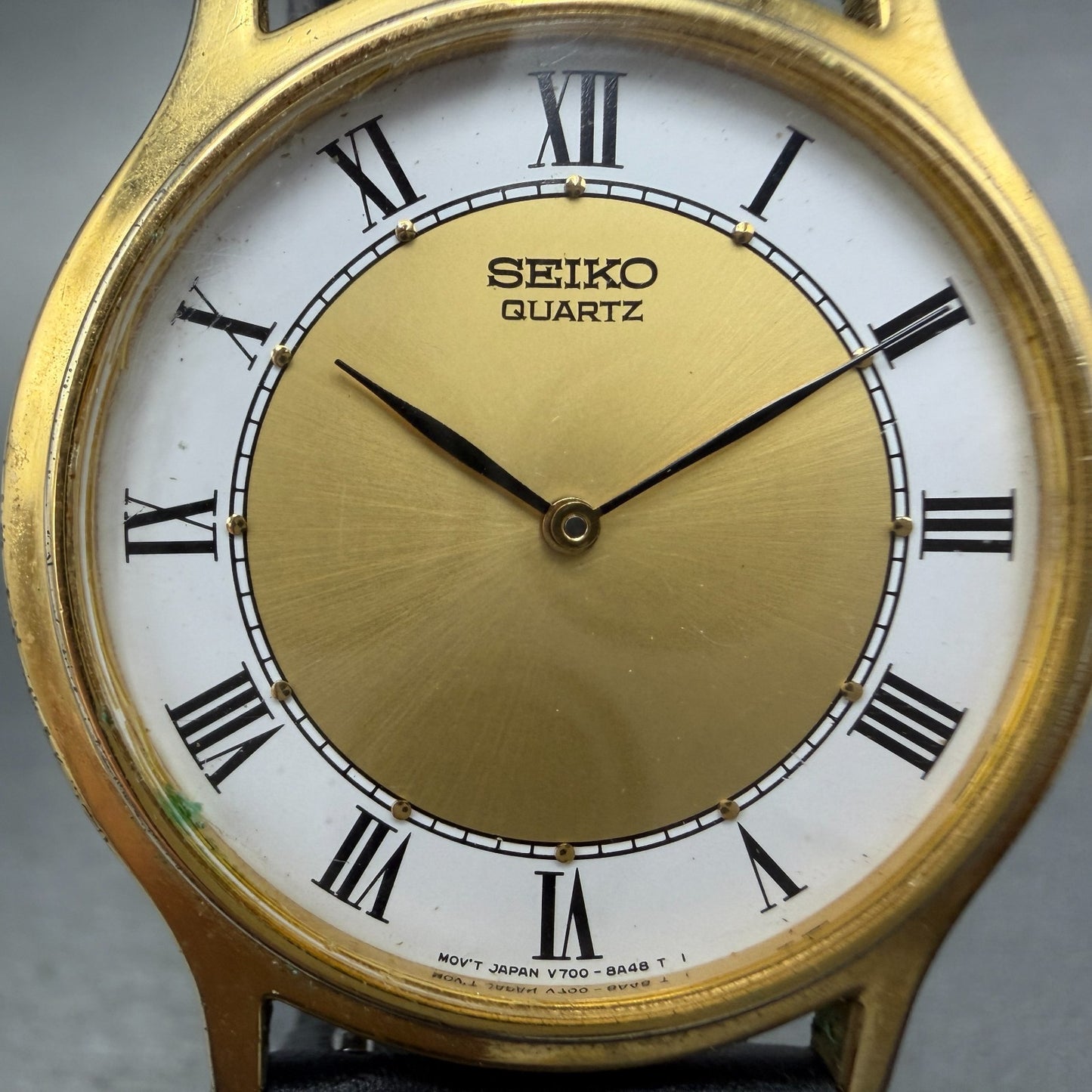 Seiko Watch Men 34mm White&Gold Dial Gold Tone Round V700-8a19 New Battery1