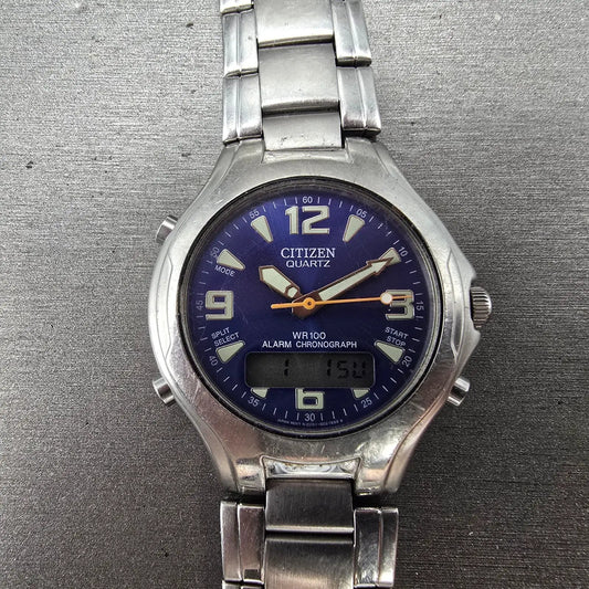 Citizen Watch Men 39mm Blue Dial Steel Alarm Chronograph Analog Digital New Batt0
