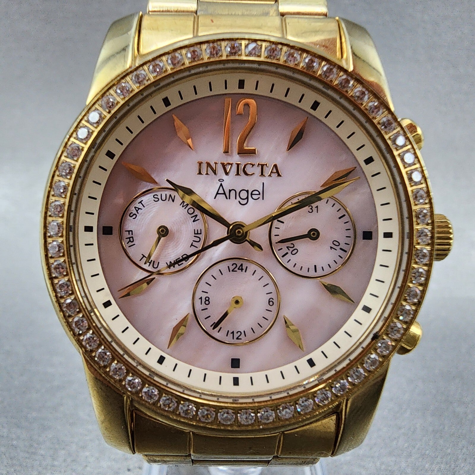 Invitca Angel Watch Women 38mm MOP Dial Gold Tone Daydate Round New Battery1