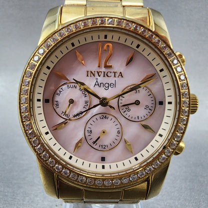 Invitca Angel Watch Women 38mm MOP Dial Gold Tone Daydate Round New Battery1